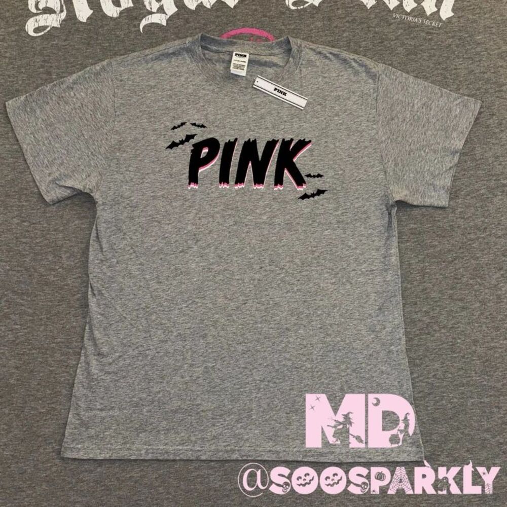 Victoria's Secret PINK Bats Halloween Gray Cotton Short Sleeve T-Shirt- MD